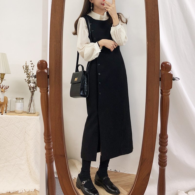 ワンピース ロング 膝下 袖なし ノースリーブ ラウンドネック スリム 細身 ストレート Iライン アシンメトリー 前開き ブラック 個性的 大人 無地 春 夏 秋 冬 レディース デート お出かけ