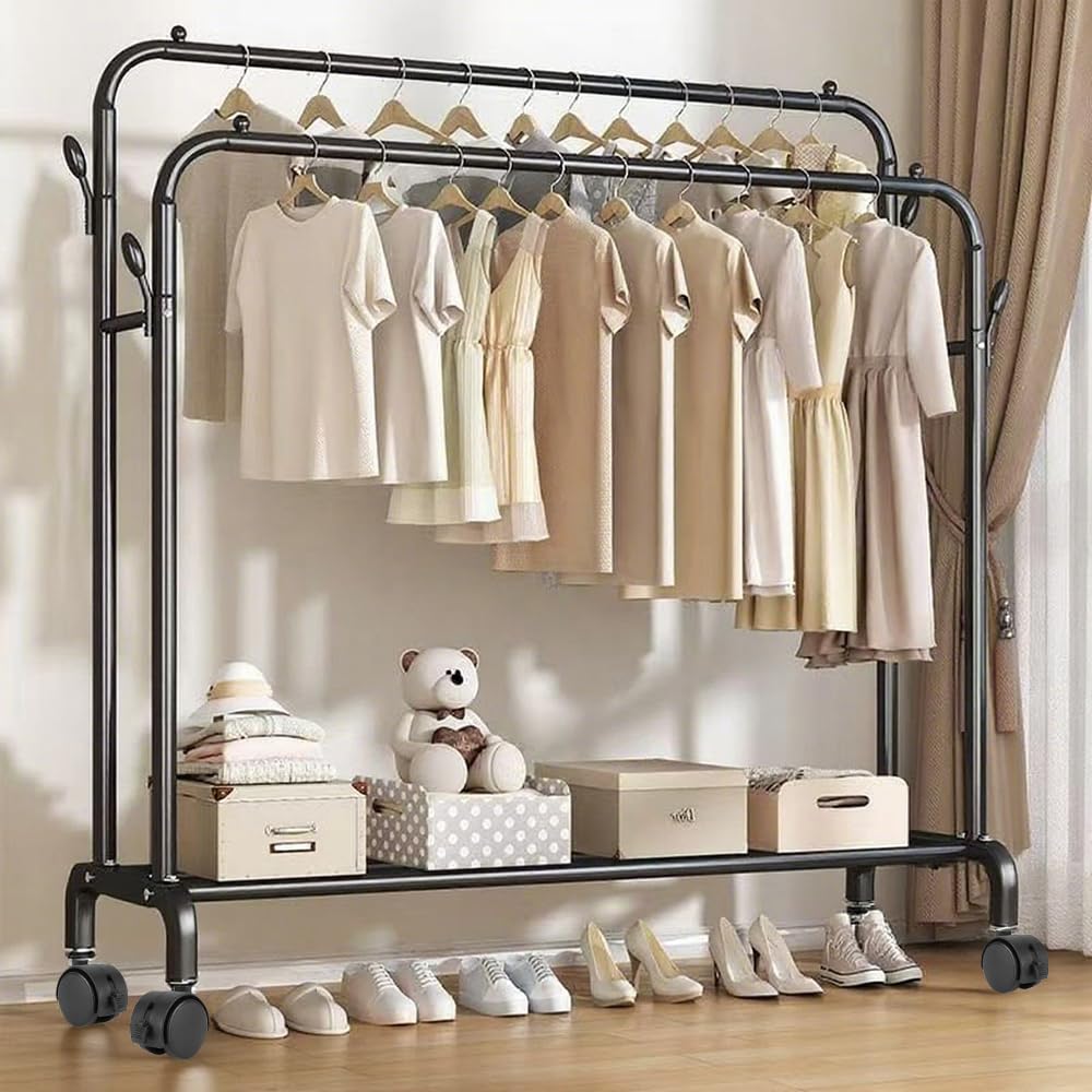 Hadulcet ハンガーラック - ダブルロッド キャスター付き 大容量衣類収納 頑丈 洋服掛け コートラック クローゼット 室内物干し メッシュ棚付き 【ハンガーラックカバー付き】 幅113×奥行