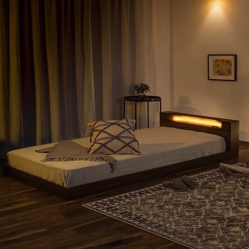 フロアベッド 連結 ダブル すのこベッド ロータイプ ロー ベッド 親子ベッド LED ライト 子供 連結可能 ベッドフレーム 照明 木製 コンセント 北欧風 ベット おしゃれ