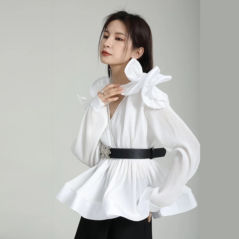 シャツ韓国2024vネック立体花腰裾の着映えトップス  長袖ブラウス30%制限