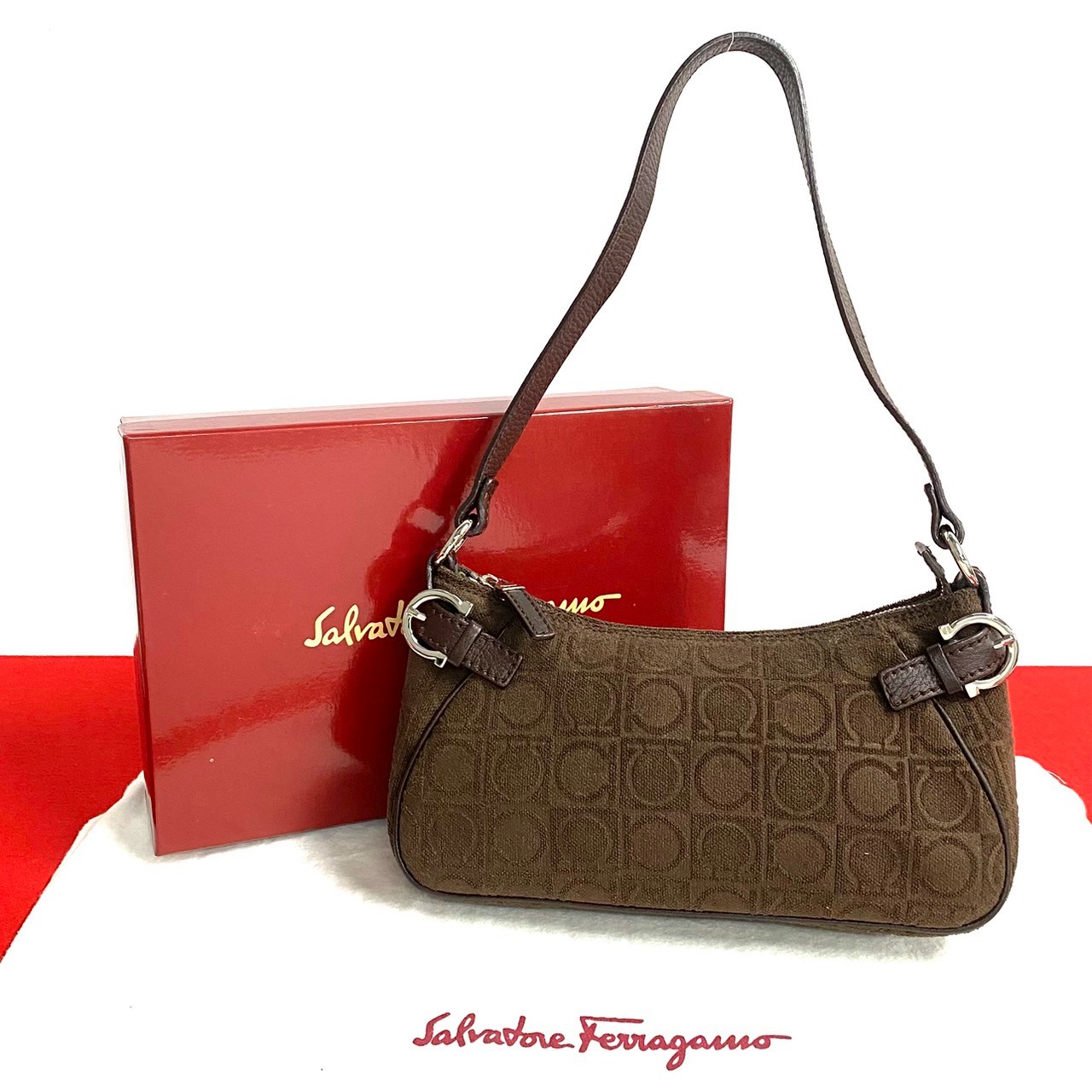 ガンチーニ 総柄 ショルダーバッグ パイル レザー ブラウン 57196