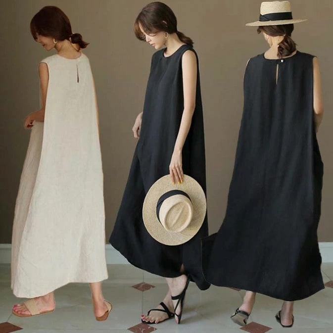 ワンピース レディース 黒 即納 F(3L） 森ガール 綿混 腰紐付 2259726 夏 ロング