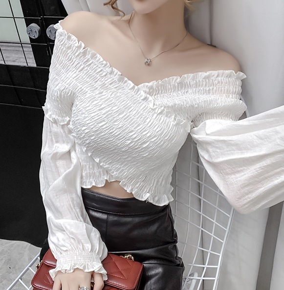 プリーツ 2wayブラウス フリフリ ブラウス ミニ丈 ショート丈 長袖 ボリューム袖 Vネック ラウンドネック セミフレア スリム タイト 細身 ストレート シフォン フリル もこもこ 2way