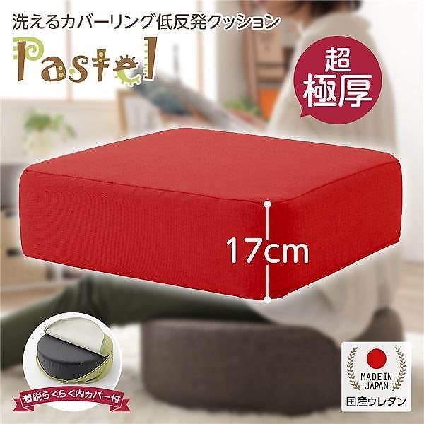 [カバーリング]極厚 低反発クッション『Pastel』スクエアタイプ_レッド[国産]