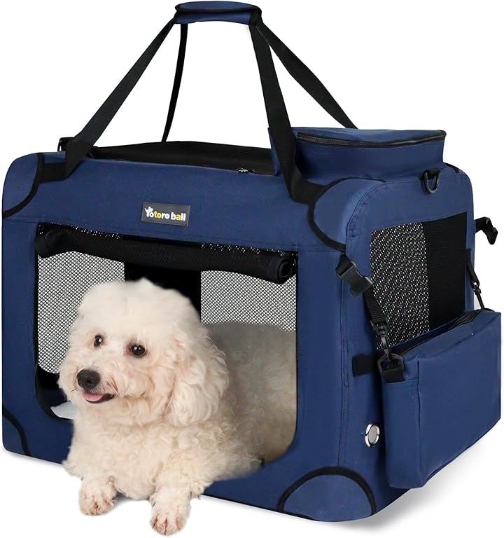 犬用キャリーバッグ ソフトクレート キャリーケース 犬用クレート 折りたたみ メッシュ ロック付き(ブルー, M（60L x 40W x 40H cm）)
