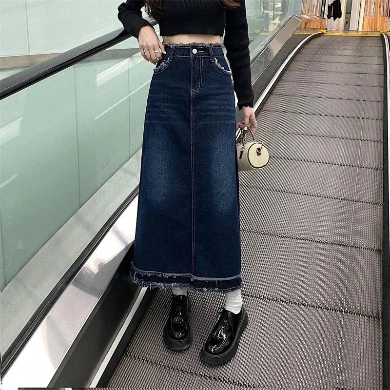 大きいサイズの女性のファットMMのレトロなローエッジのデニムスカートの女性のハイウエストと大きなサイズのAラインのスカートとのミドル丈の洋ナシの形のスカート