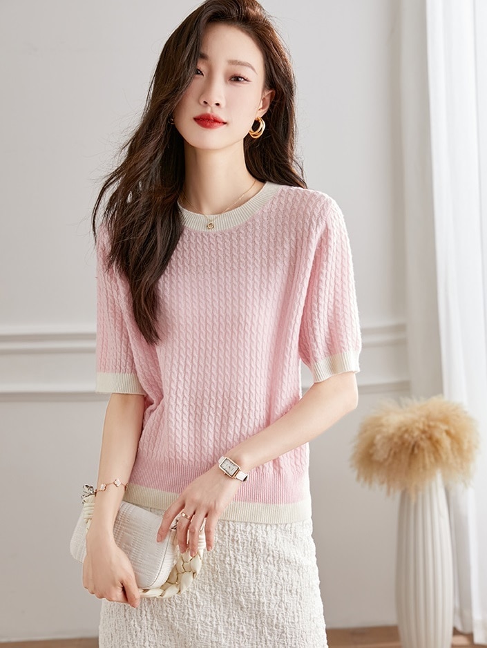 秋 ツイスト 半袖 ウール セーター 女性 薄い セーター 秋 ニット シャツ ショート トップ ピンク ホワイト フリーサイズ トップス 袖あり かわいい 大人可愛い きれいめ シンプル カジュアル