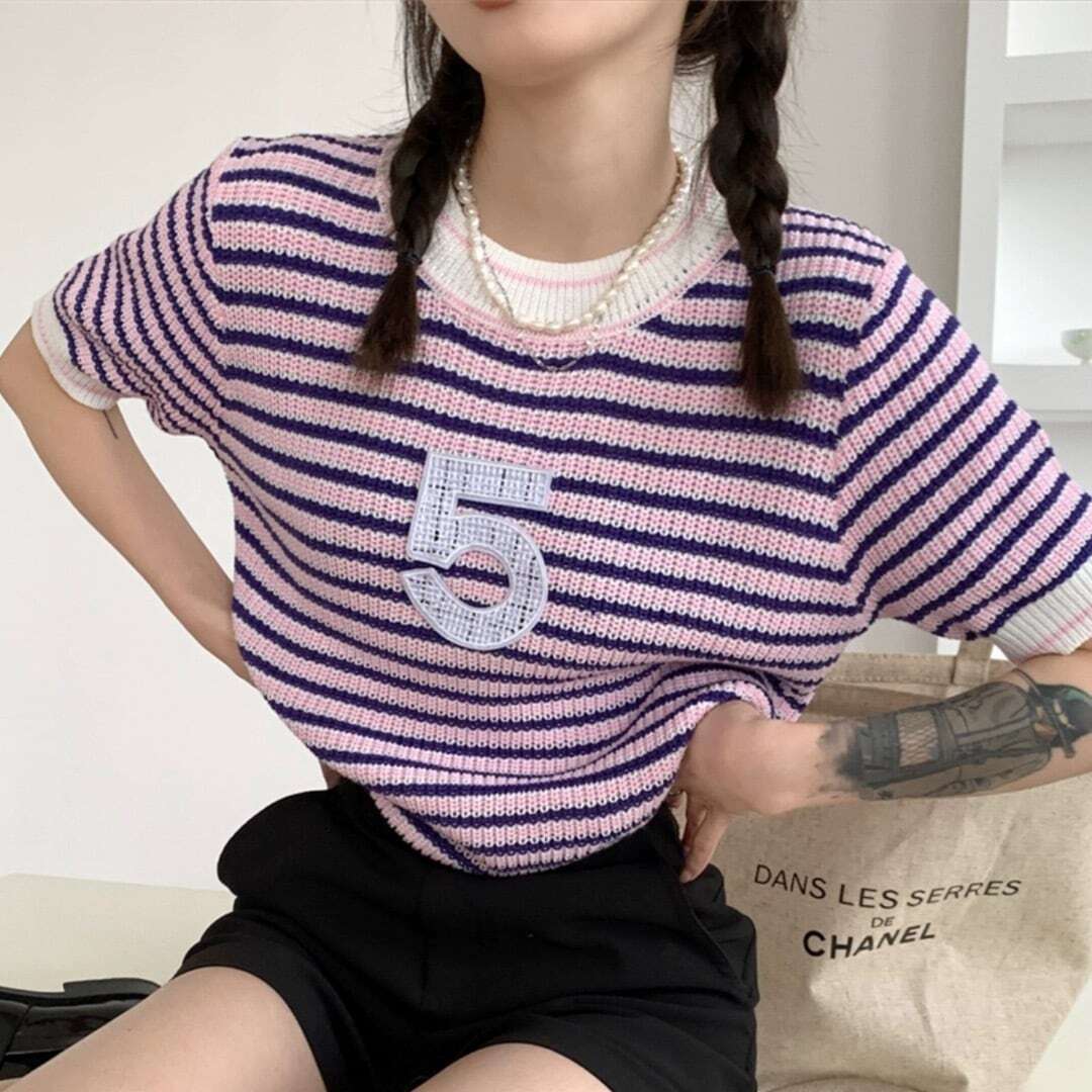 レディース ナンバー ボーダー ピンク ニット ラウンドネック 半袖 トップス