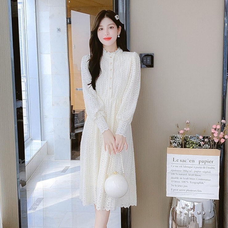 ドレス レディース ワンピース スカート ロングスカート フレアスカート フレアワンピース ワンピドレス 膝下 ミモレ ミモレ丈 ミディアム丈 長袖 襟なし フレア Aライン 細身 レース 刺繍