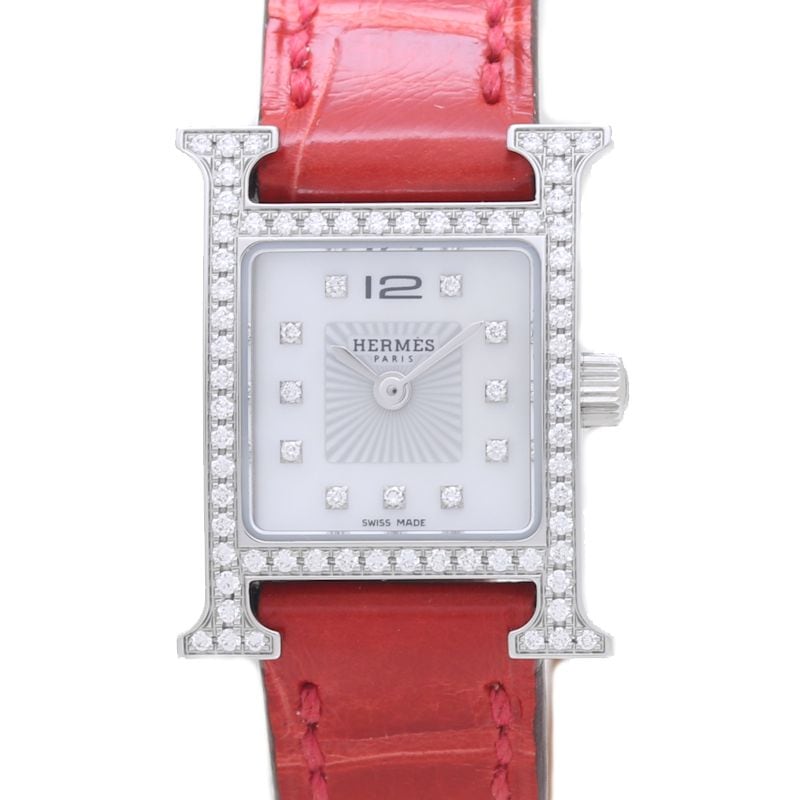 Hウォッチ ミニ 041653WW00 ベゼルダイヤモンド 11Pダイヤモンド ホワイトシェル【18年正規店購入】 ステンレススチール xアリゲーター レディース /39362【中古】【腕時計】