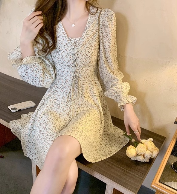 レディース ワンピース ミニ ショート 膝上 長袖 Vネック フレア Aライン かわいい 大人可愛い カジュアル おしゃれ ラフ ガーリー ルーズ フォーマル とろみ感 ヴィンテージ ラブリー