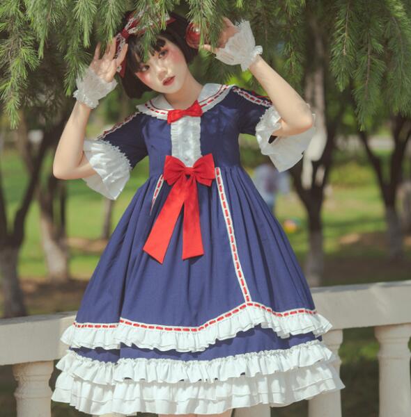 ロリータワンピース 半袖 ロリータ服 可愛い スカラップ 膝丈ドレス コスプレ衣装 コスチューム フレア袖 学園祭 文化祭 撮影衣装 女子高校生 可愛いワンピース リボン付き ネイビー