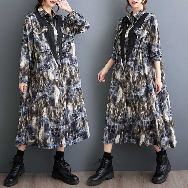 「ファットガール」 2024秋新品 シフォンワンピース 花柄 巾着 ゆったり 大きいサイズ 体型カバー レディース ロングワンピース メガ割30%までに制限