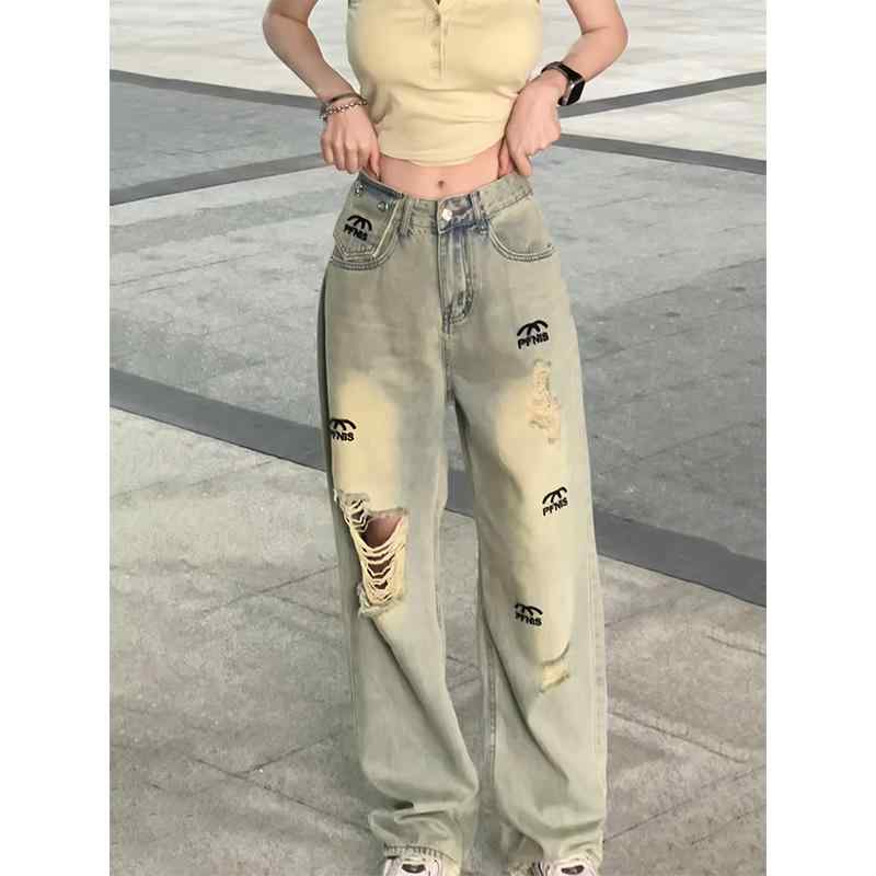 レディース ファッション カジュアル おしゃれ アメリカン レトロ ダメージ ジーンズ 夏 ハイウエスト ストレート スリム ストリート パンツ ガール