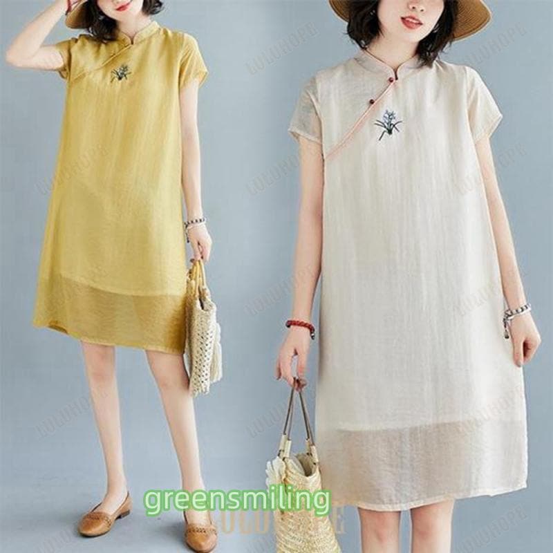 春 夏 ワンピース 半袖 レディース 刺繍ワンピース サマーワンピース 半袖ワンピース チャイナドレス 夏 レトロ 膝丈ワンピース エスニック風 ドレス