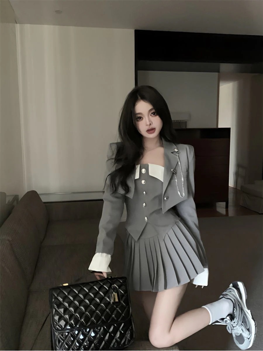 涼しく楽ちんセットアップjk制服スーツ胸拭きベストブレザー秋のハイウエスト半身スカート3点セットレディース 韓国ファッション30%までに制限
