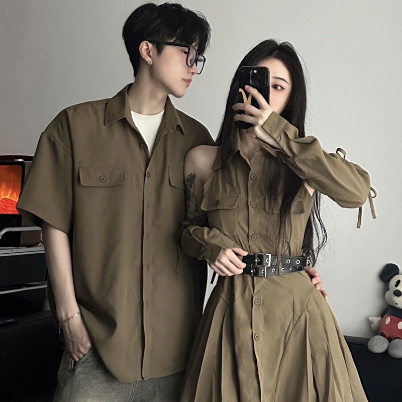 カップル衣装アメリカンホットガールシャツドレス女性春夏甘くてクールなワークスカートデザインウエストプリーツショートスカート