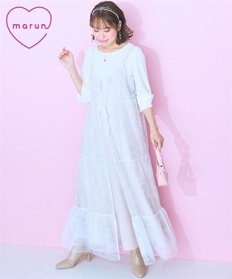 ロングマキシ丈/半袖 大きいサイズ レースティアードキャミワンピース marun