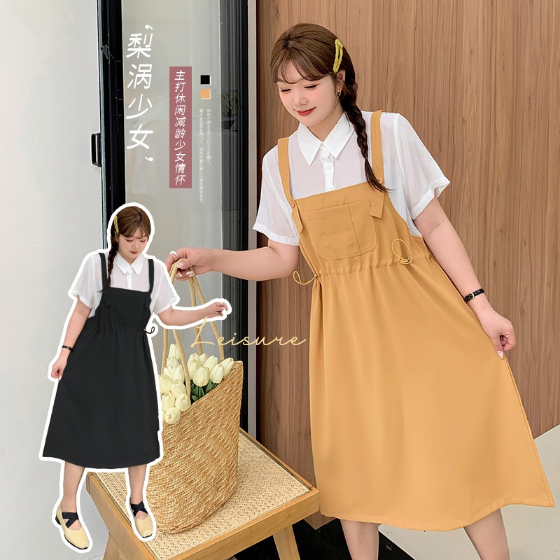 カレッジスタイル年齢軽減休暇ツーピースサスペンダードレス女性用 2024 夏ファット Mm ウエストミドル丈スカート 2102