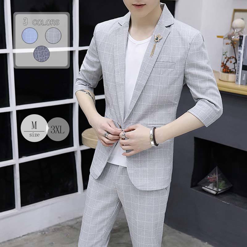 新作 2ピーススーツ メンズ テーラードジャケット チェック柄 カジュアルスーツ 七分袖 サマースーツ 上下セット　チェック柄 カジュアルスーツ 七分袖 サマースーツ 上下セット カジュアルジャケット