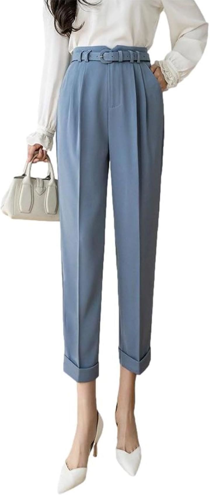 テーパード パンツ アンクル丈 ハイウエスト ロールアップ 風 センタープレス スラックス ベルト付き ストレート スリムパンツ アンクルパンツ フェミニン(ブルーグレー, XL)