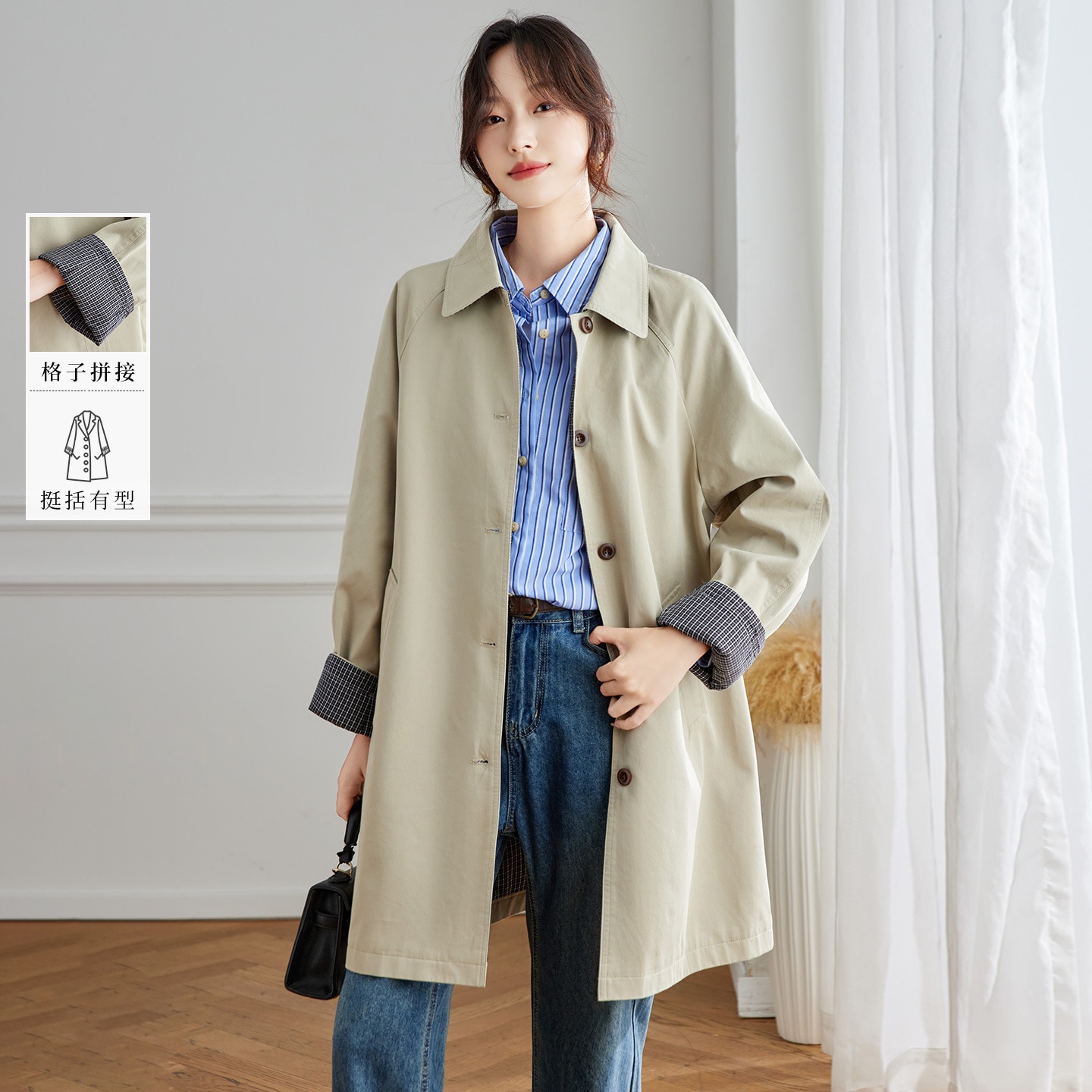 カーキカラーラペル通勤用トレンチコートレディース 春秋新作ビジネスデザイン感袖口チェックシャツ アウター秋服