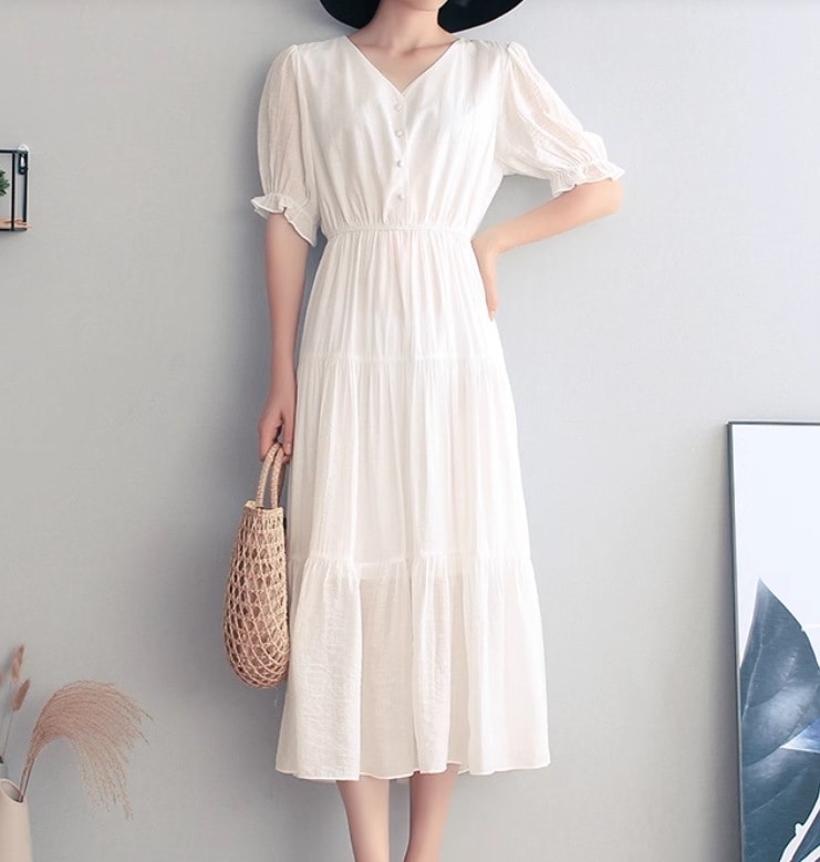 レディース ワンピース ロング 半袖 Vネック Aライン ティアード シフォン ハイウエスト 大人可愛い きれいめ シンプル 上品 おしゃれ ガーリー ナチュラル 無地 夏 プルオーバー薄手 20代