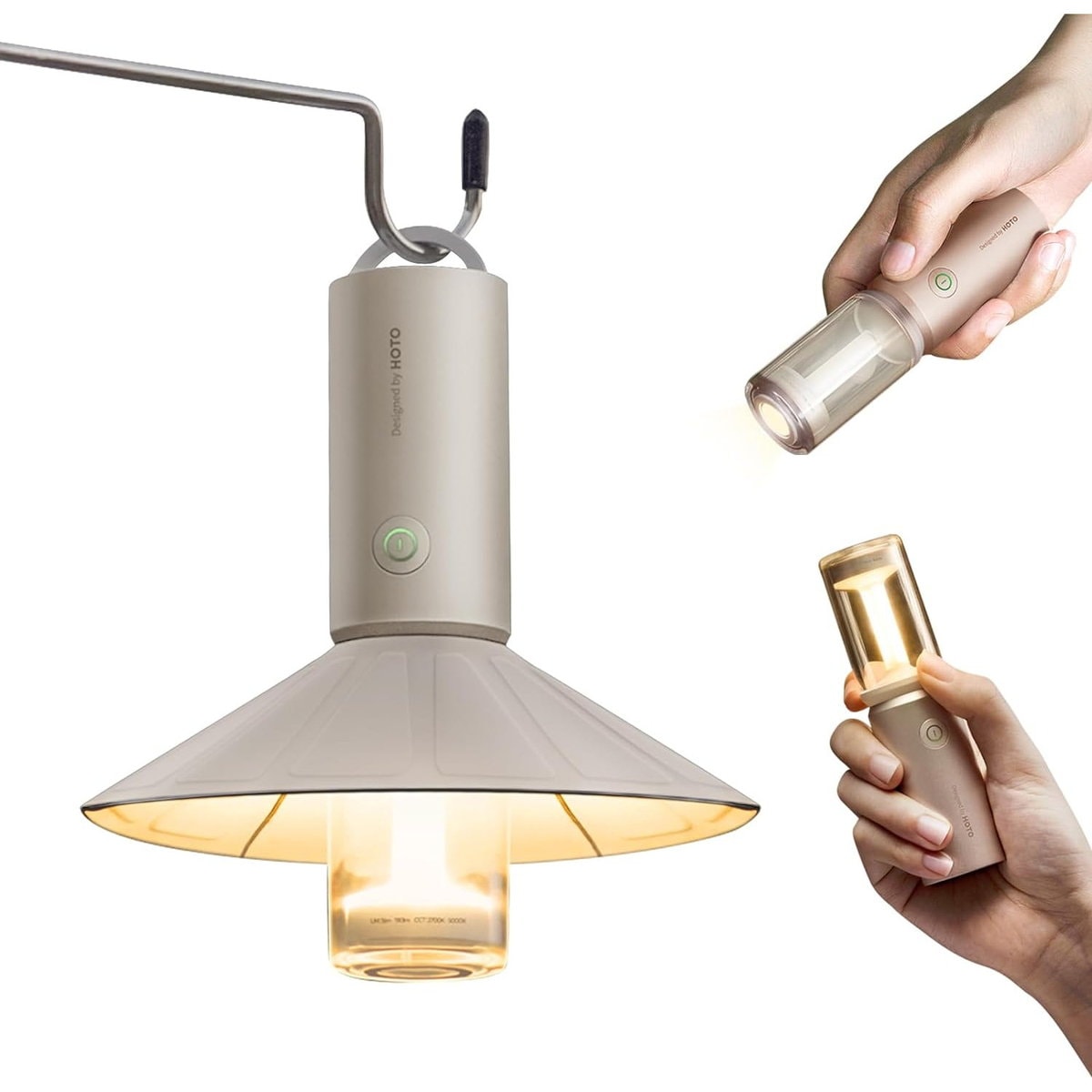 HOTO キャンピングライト 充電式 キャンプライト 小型 軽量 3つ照明モード 3100mAh 大容量バッテリー 隠しフック Type-C充電 アウトドアライト フラッシュライト 懐中電灯 防災