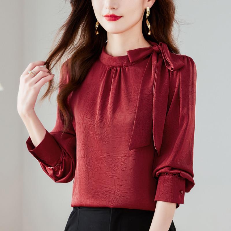 シャツ ブラウス サテンシルクシャツ ボウタイ シフォンシャツ スタンドカラー 長袖 春秋 フェミニン エレガント 上品 アーバン ノーブル オフィス ビジネス 学校行事 万能コーデ レディース 婦人 4,765円