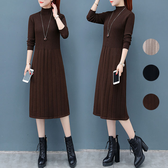 長袖 プチハイネック ニットワンピース セーター マキシ丈 秋冬 ミモレ丈 Aライン ゆったり 無地 体型カバー 暖かい カジュアル おしゃれ インナー ファション