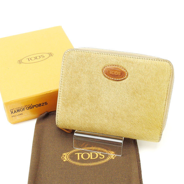 二つ折り財布 ラウンドファスナー ベージュ 中古