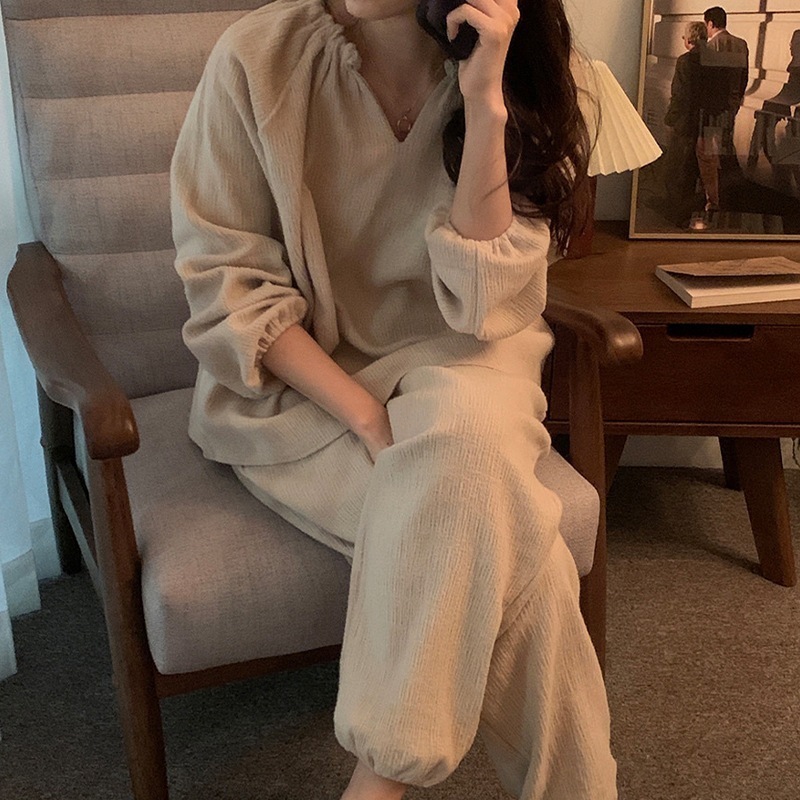 韓版インピュアコットンガーゼパジャマセット2025年春秋無地無地長袖ホームウェアは屋外で着用可能 母の日-0009722