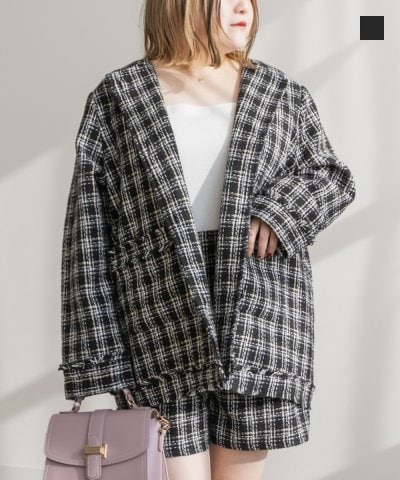 大きいサイズ レディース LL 3L 4L XL XXL XXXL ラメツイードノーカラージャケット＆ショートパンツセットアップ