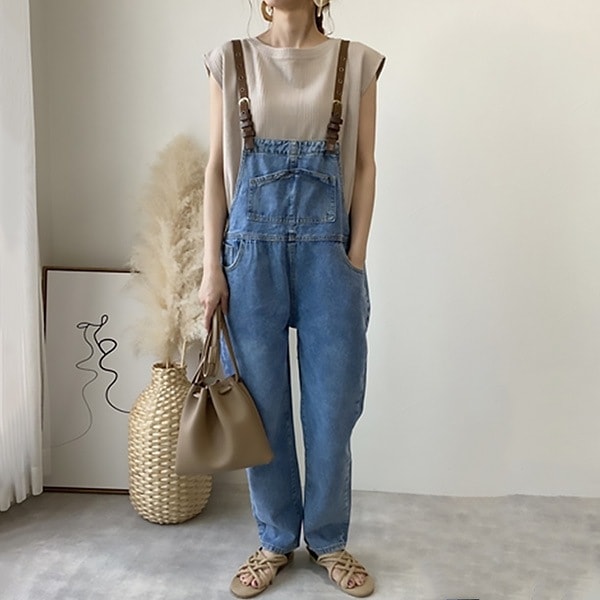 【絶対流行】 シンプル 切り替え レトロ 無地 レギュラー丈 オールインワン.スーツ