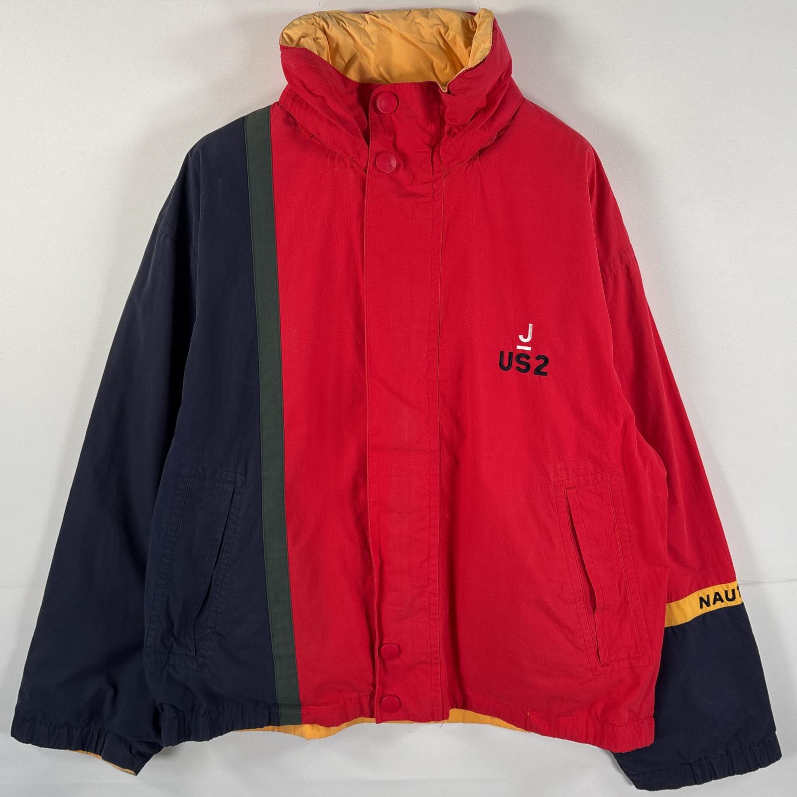 古着 90s/90年代 リバーシブルジャケット フーディー 刺繍ロゴ M レッド イエロー マルチカラー メンズ