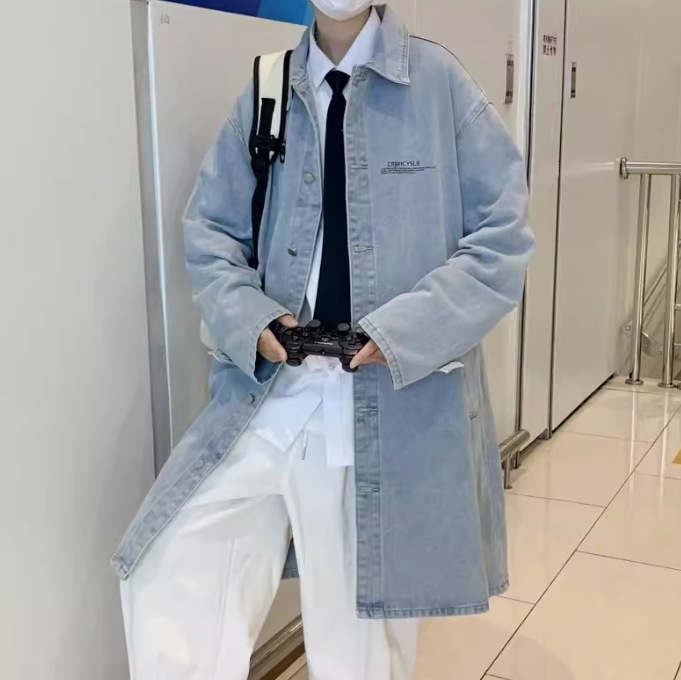 メンズ コート アウター トレンチ ステンカラーコート 膝丈 ロング 長袖 ポロカラー Aライン 前開き デニム ブルーデニム カラーデニム 中厚手 綿 シンプル カジュアル おしゃれ かっこいい