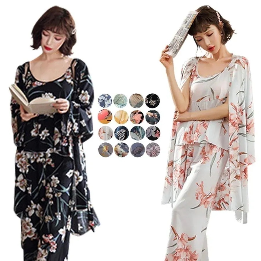 ルームウェア レディース 上下セット 可愛い 7分袖 ガウン キャミソール ハーフパンツ リボン 黒 白 部屋着