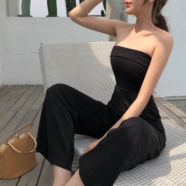 レディース チューブトップ パンツオールインワン ベアトップロンパース パンツ セットアップ オールインワン サロペット ジャンプスーツ 袖なし オフショルダー ハイウエスト ポケット 大人可愛い