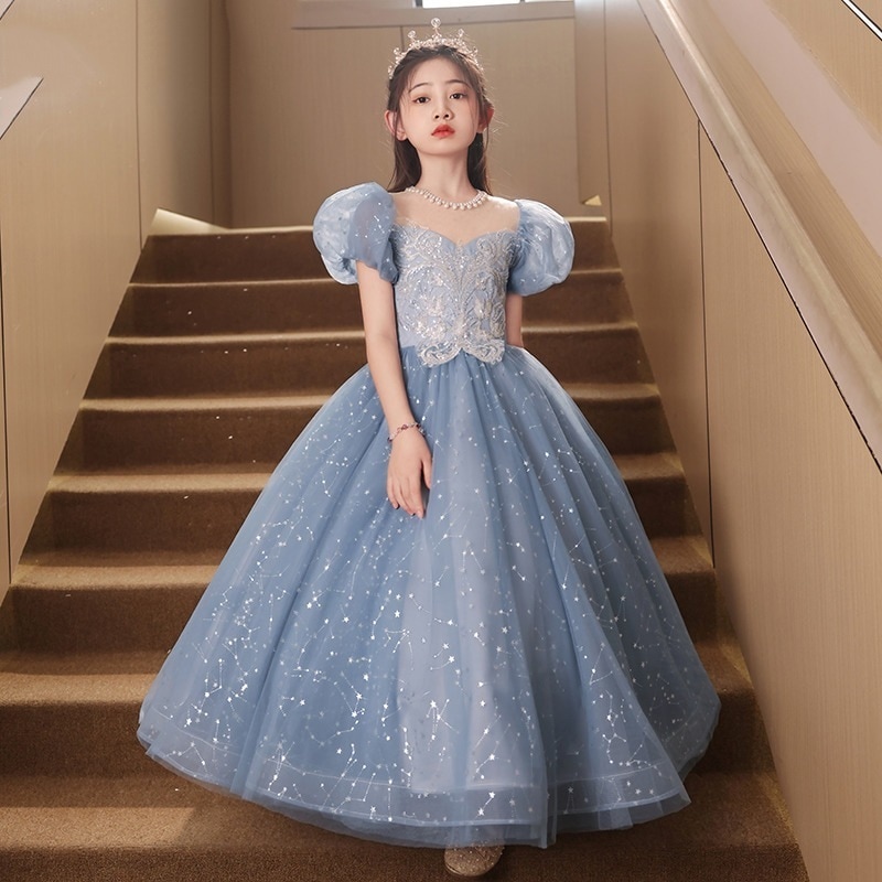 【送.料.無.料.急速発送】ブルー童重工2025ポンポンプリンセススカート洋風ドレス 演奏会 ウェディング 発表会 成人式 二次会 お呼ばれ