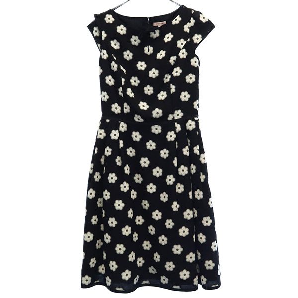 日本製 花柄 半袖 ワンピース ブラック フレンチスリーブ レディース