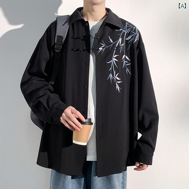 チャイナ シャツ メンズ 中華風 春秋 カジュアル トップス 長袖 コート ベルベット ポインテッドカラー ブラック ホワイト