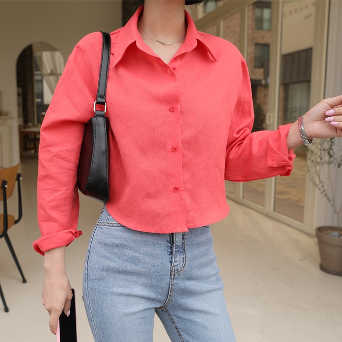 [韓国ファッション] ビビッドカラー リネンクロップドシャツ