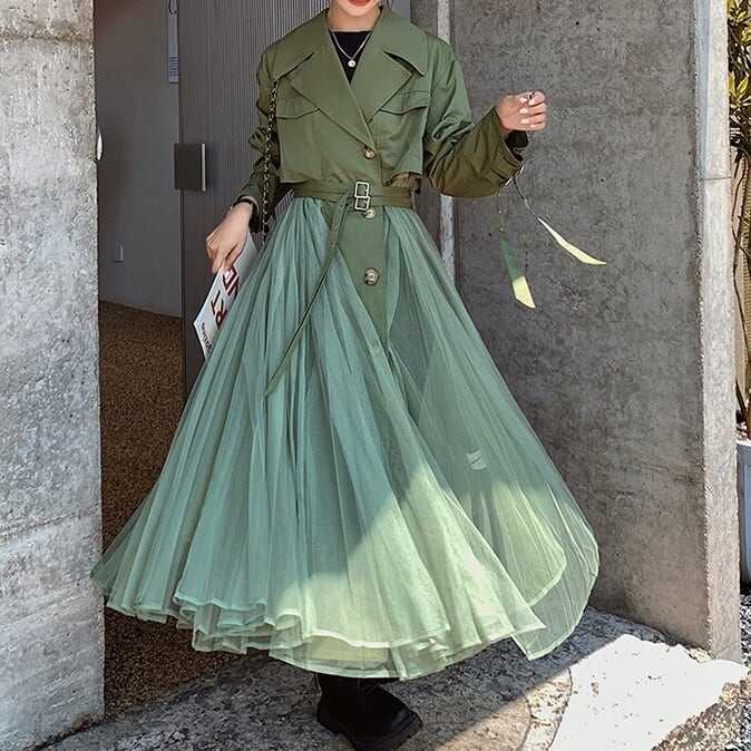 コート アウター ロング トレンチ ドロップショルダー モノトーン チュール シフォン シアー 切り替え ガウンコート ミディアム丈 袖あり 長袖 ポケット付き アウター 羽織り 大人可愛い lout