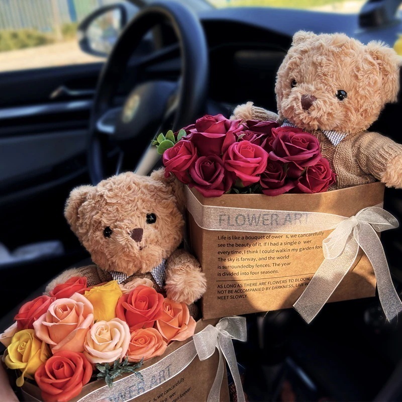 テディベア ハグ バケツ ブーケ 模擬フラワー ソープフラワー オーナメント ガールフレンド用 バラ