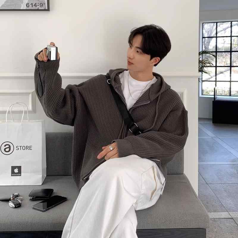 秋冬 コーデ メンズ 服 シンプル ファッション オシャレ 大人 かっこいい 大きいサイズ ストリート 紳士服 ダーク グレー フード付き ニットカーディガン ダブル チェーン ヘッド 韓国スタイル
