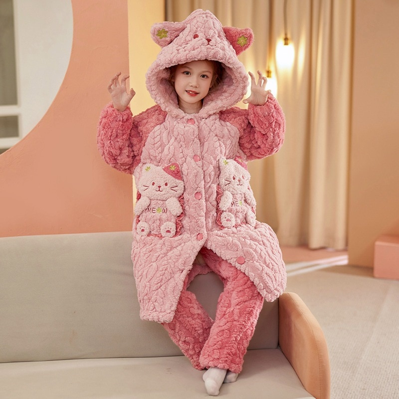 女の子の中長スリーパー3層の綿入れの上着と綿入れの厚手の子供の学生の帽子と冬の子供の保温パジャマ
