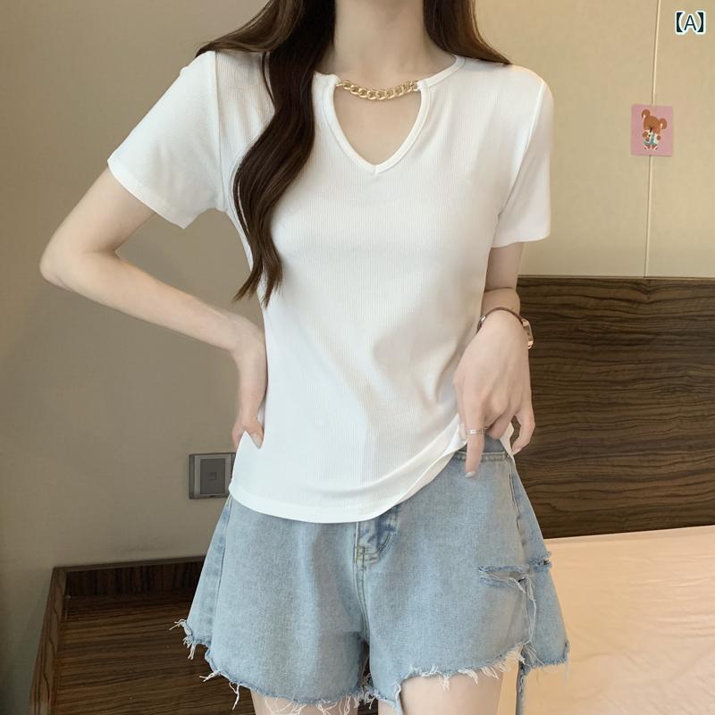 大きめサイズ レディース トップス カジュアル おしゃれ デート 女子会 普段使い 夏 韓国 Vネック チェーン 半袖 Tシャツ ぽっちゃり スリム 体型カバー