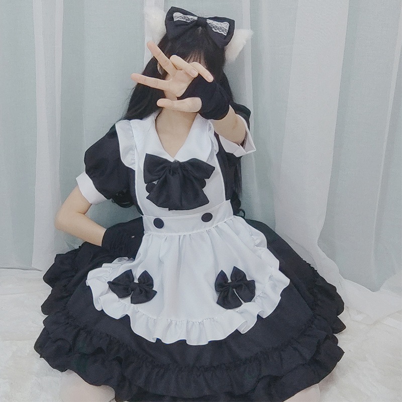 ブラックドレスロリータスイートメイド服かわいいカフェメイド服ウェイターメイド服