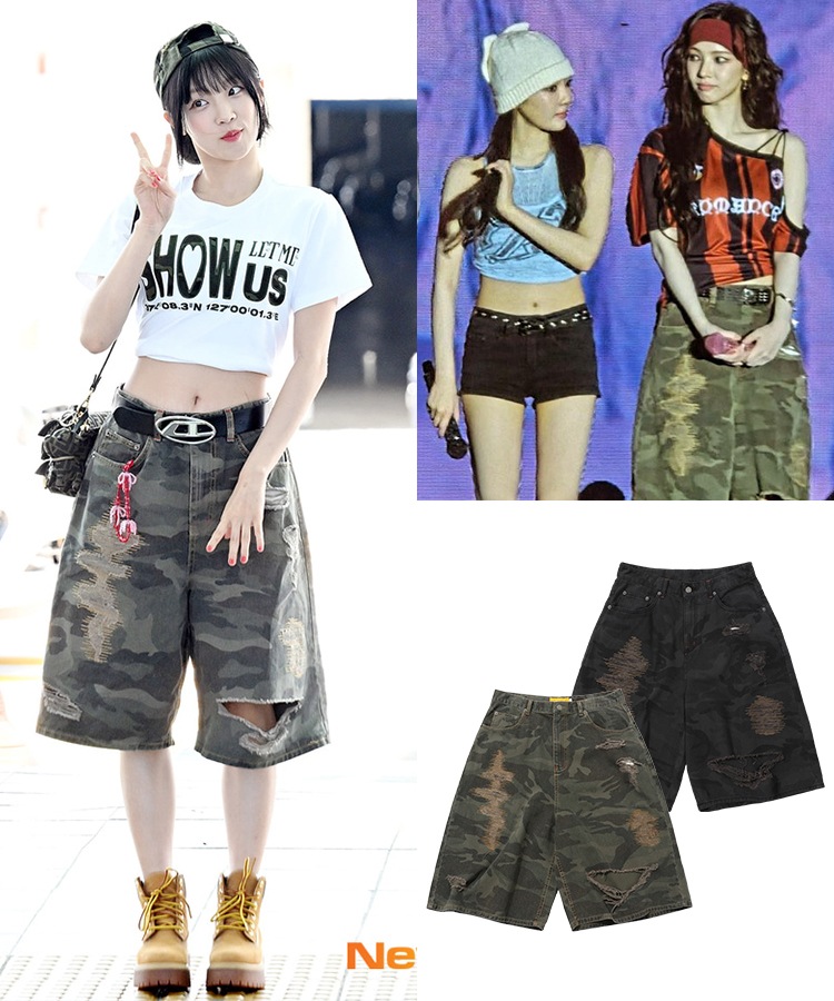 (G)I-DLE ウギ, aespa カリナ着用 Destroyed Camo カモフラージュ ひざ丈 ワイド/ルーズ ショートハーフパンツ [カーキ]