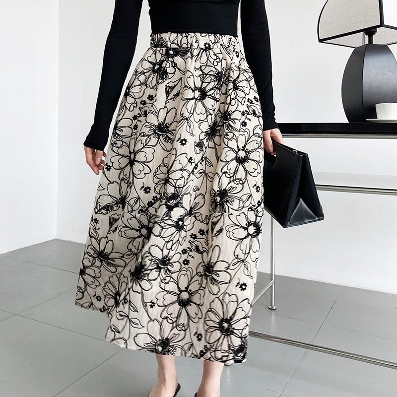 スカート レディース ロングスカート M L 韓国 バイカラー ボトムス レトロ 花柄 フローラル フラワー マキシスカート フレア ウエストゴム Aライン ポケット付き メッシュ 透け感 華やか